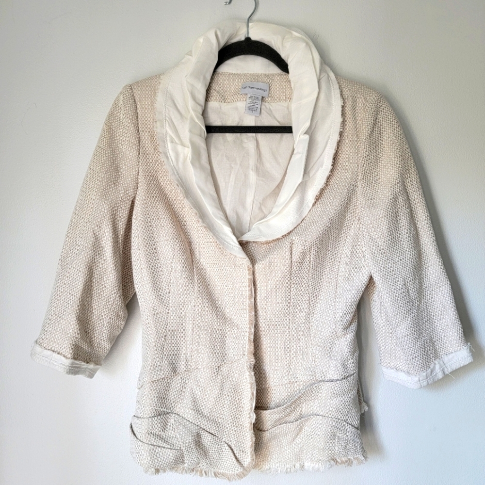 Soft Surroundings Cream Textured Open-Front Jacket with White Collar
